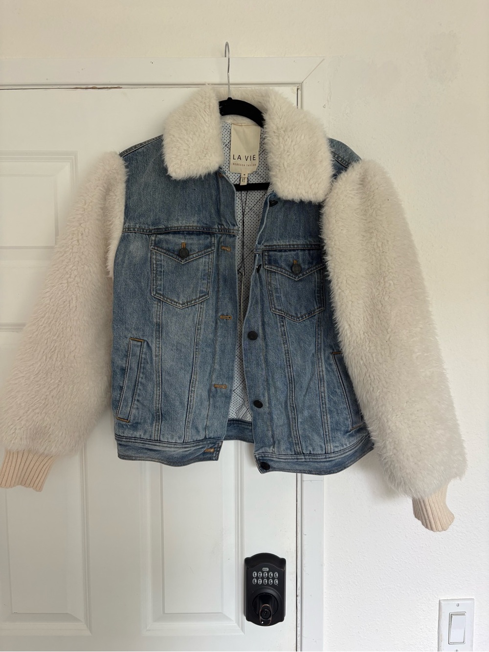 Rebecca Taylor Light Blue Denim Jacket with White Faux Fur Collar and arms